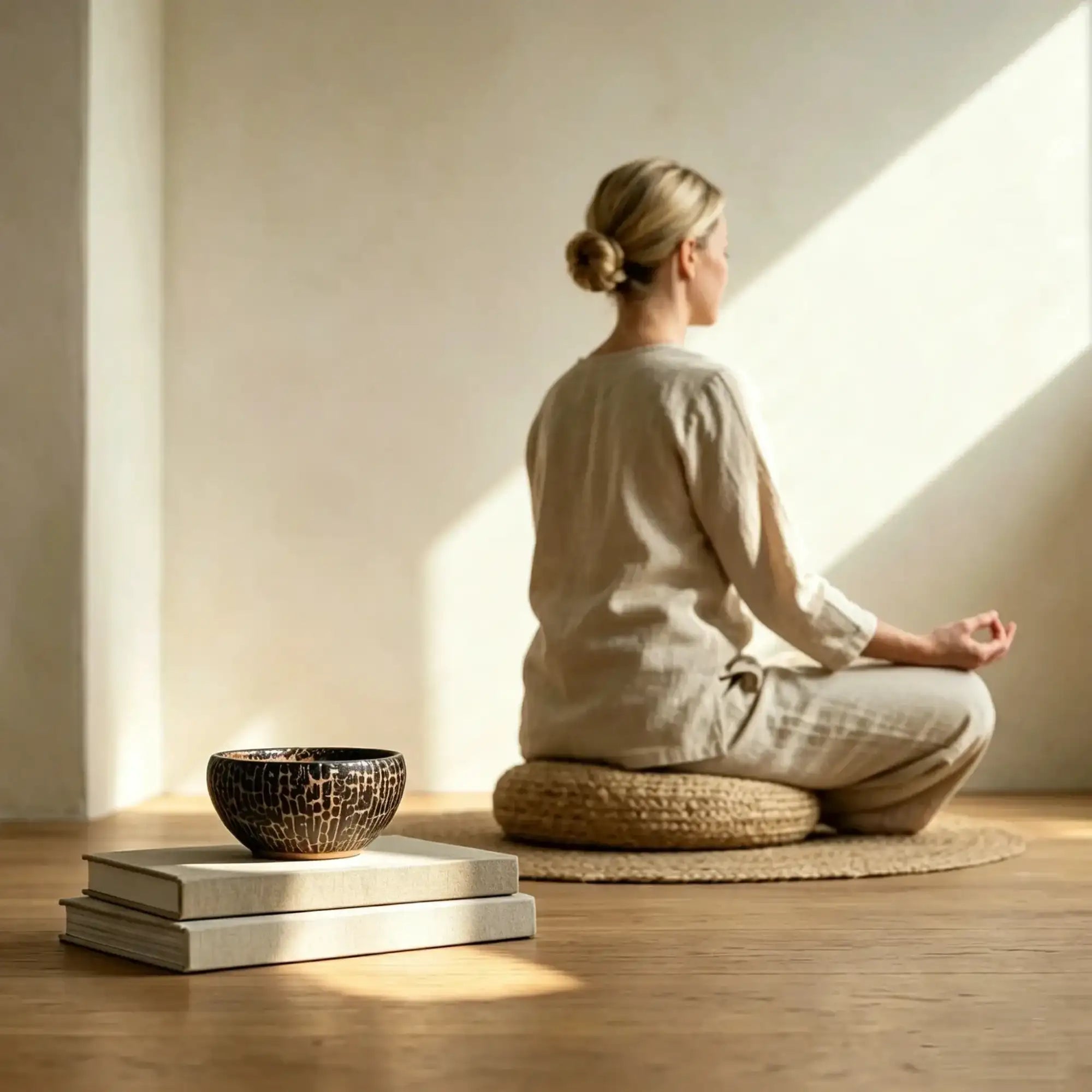 A dark, crackled ceramic meditation bowl resting on two stacked books.